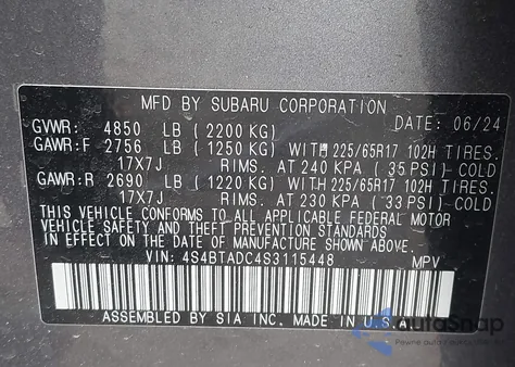 2025 Subaru Outback Premium z USA, uszkodzony, nr VIN 4S4BTADC4S3115448